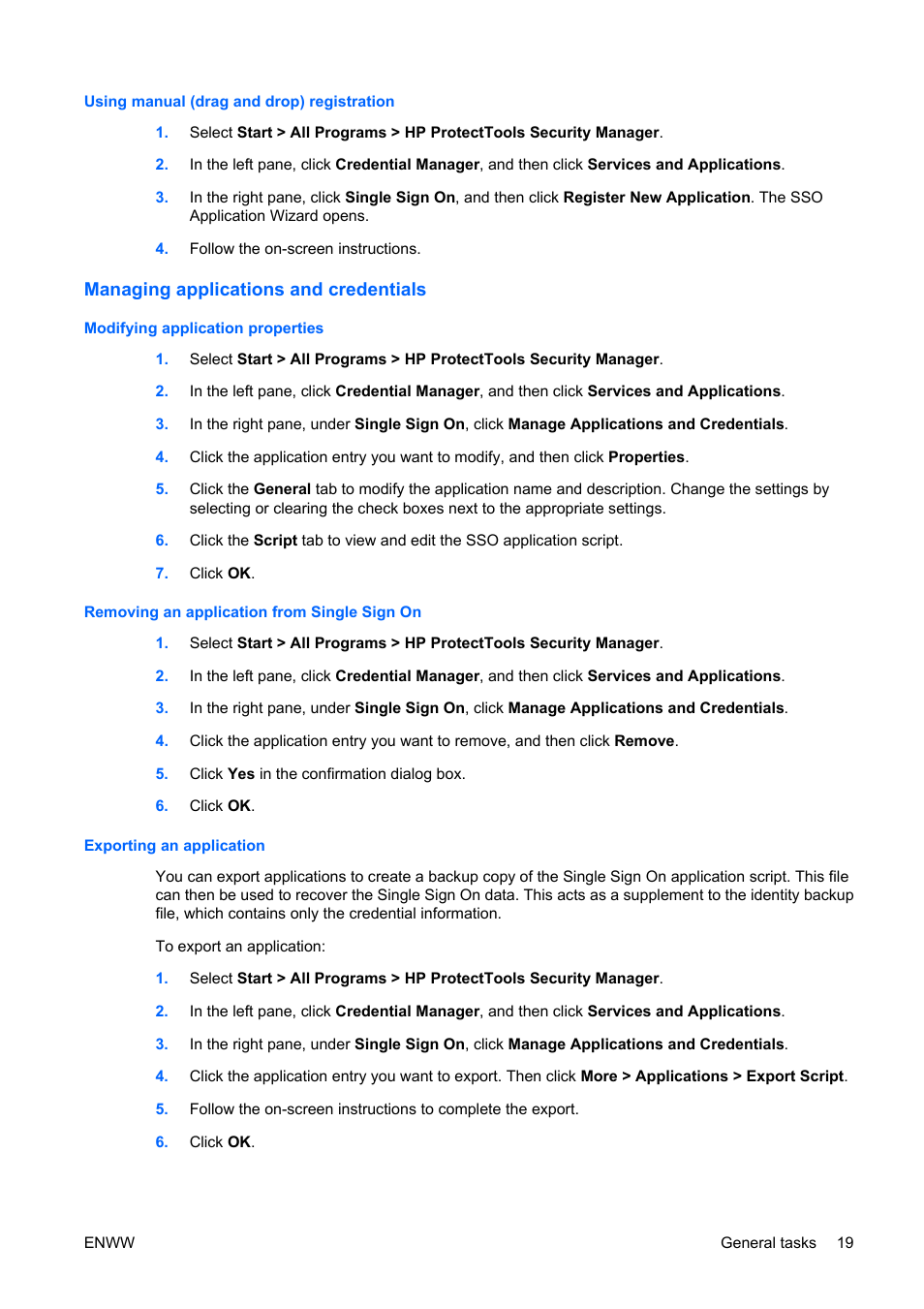 Using manual (drag and drop) registration, Managing applications and credentials, Modifying application properties | Removing an application from single sign on, Exporting an application | HP Compaq dc5750 Microtower-PC User Manual | Page 25 / 79