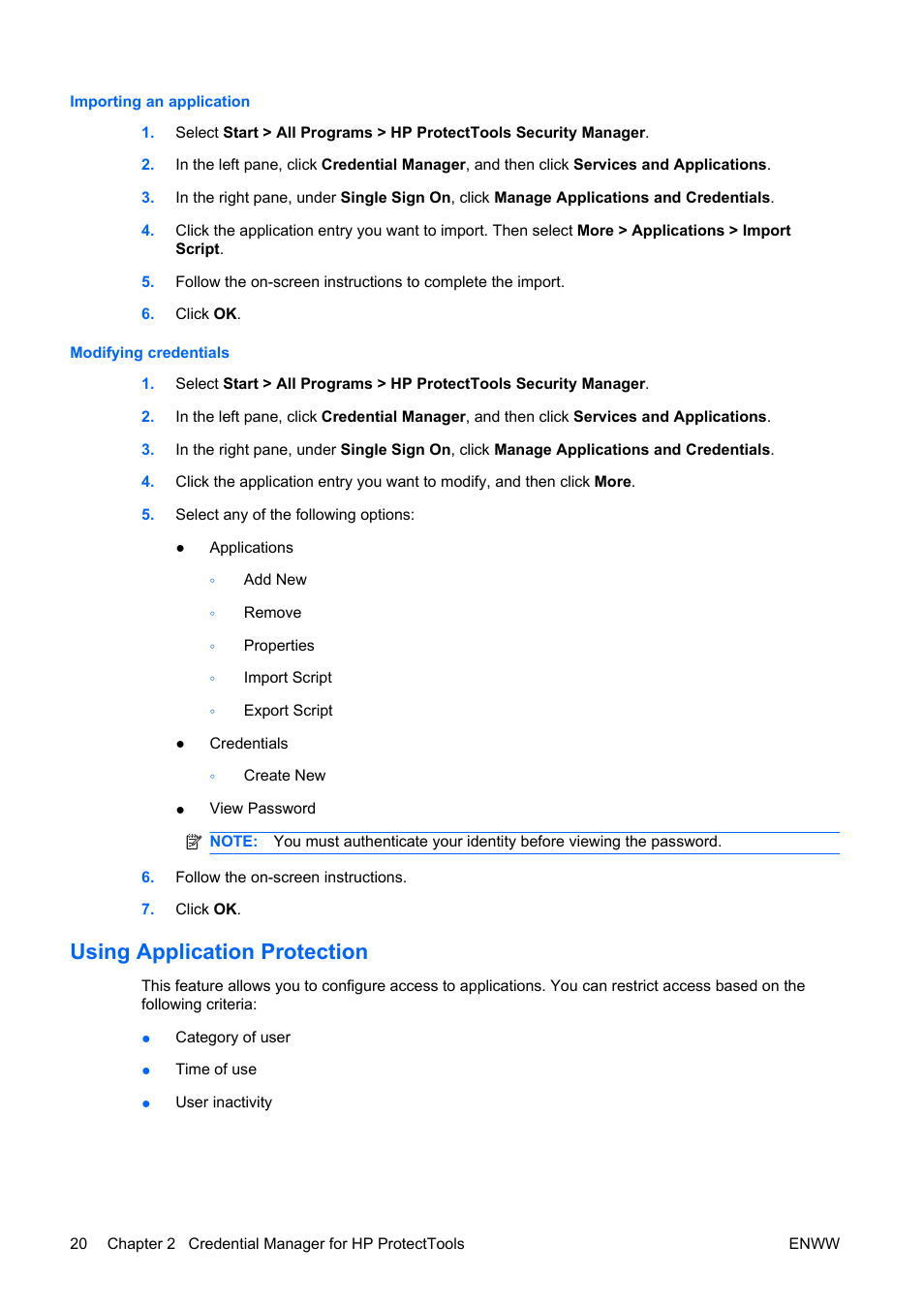 Importing an application, Modifying credentials, Using application protection | Importing an application modifying credentials | HP Compaq dc5750 Microtower-PC User Manual | Page 26 / 79