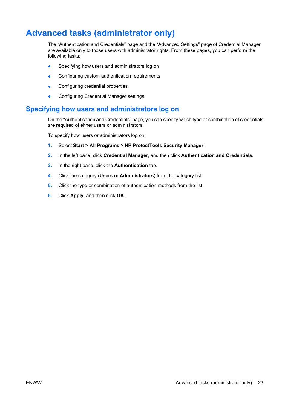 Advanced tasks (administrator only), Specifying how users and administrators log on | HP Compaq dc5750 Microtower-PC User Manual | Page 29 / 79