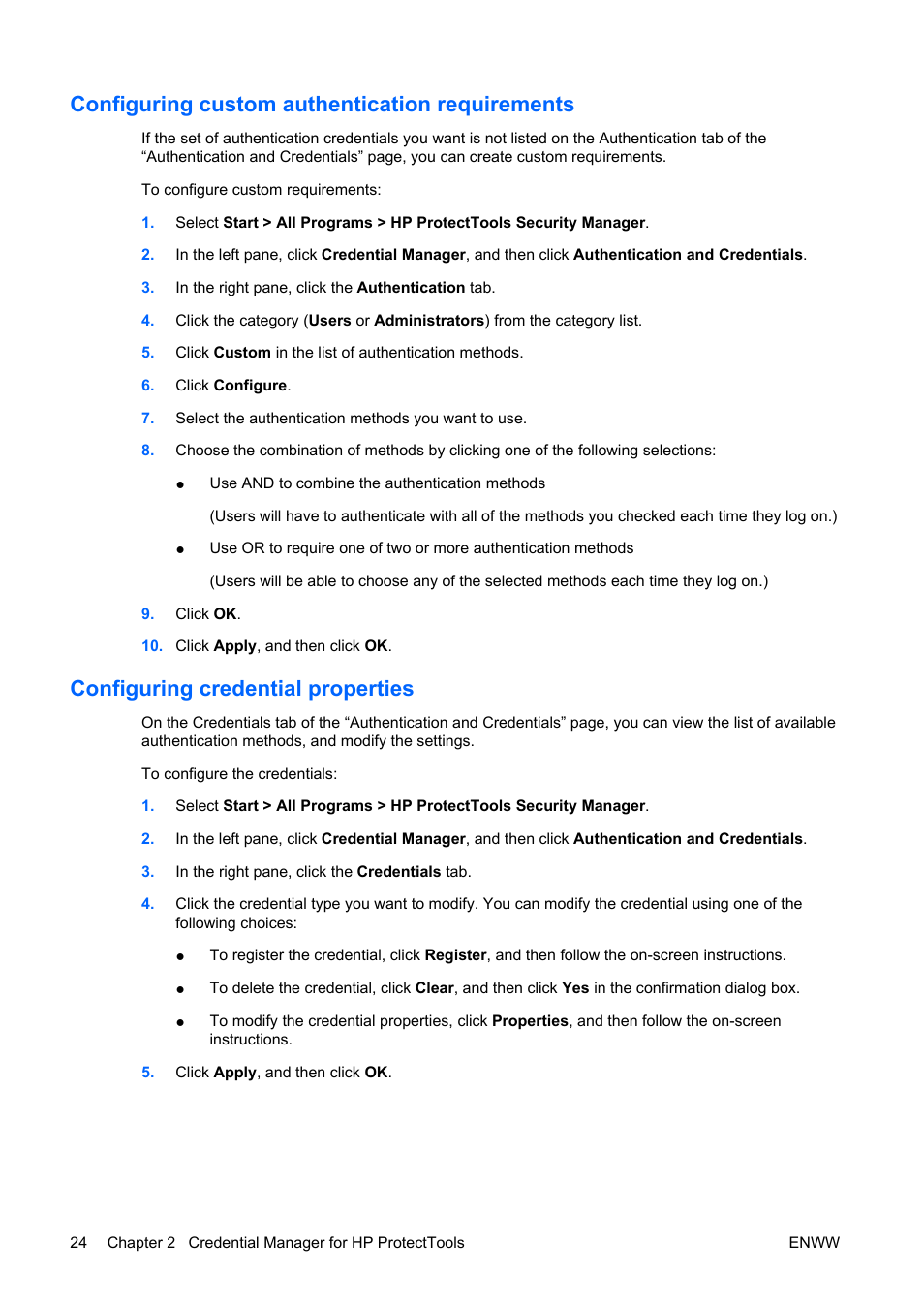 Configuring custom authentication requirements, Configuring credential properties | HP Compaq dc5750 Microtower-PC User Manual | Page 30 / 79