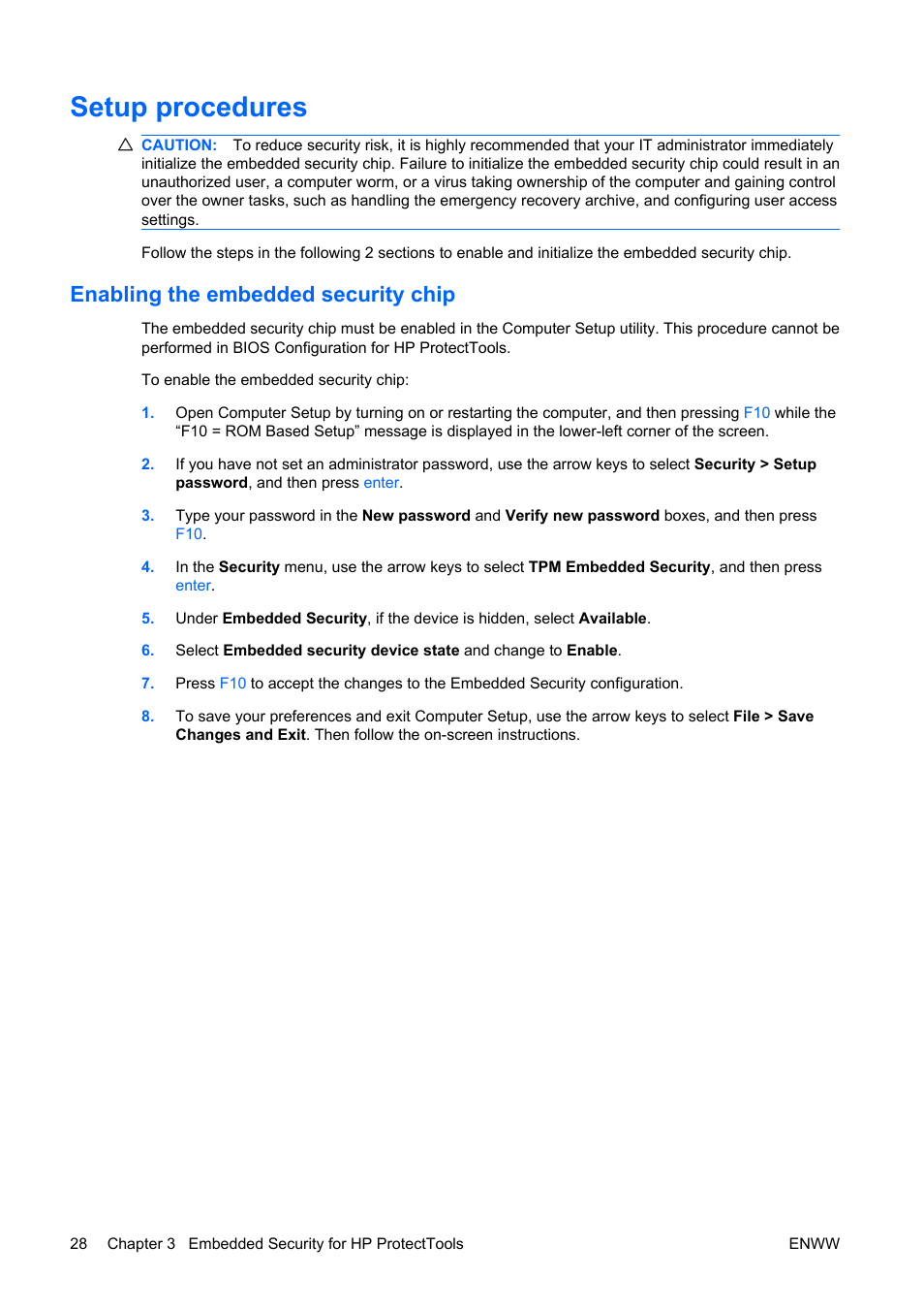 Setup procedures, Enabling the embedded security chip | HP Compaq dc5750 Microtower-PC User Manual | Page 34 / 79