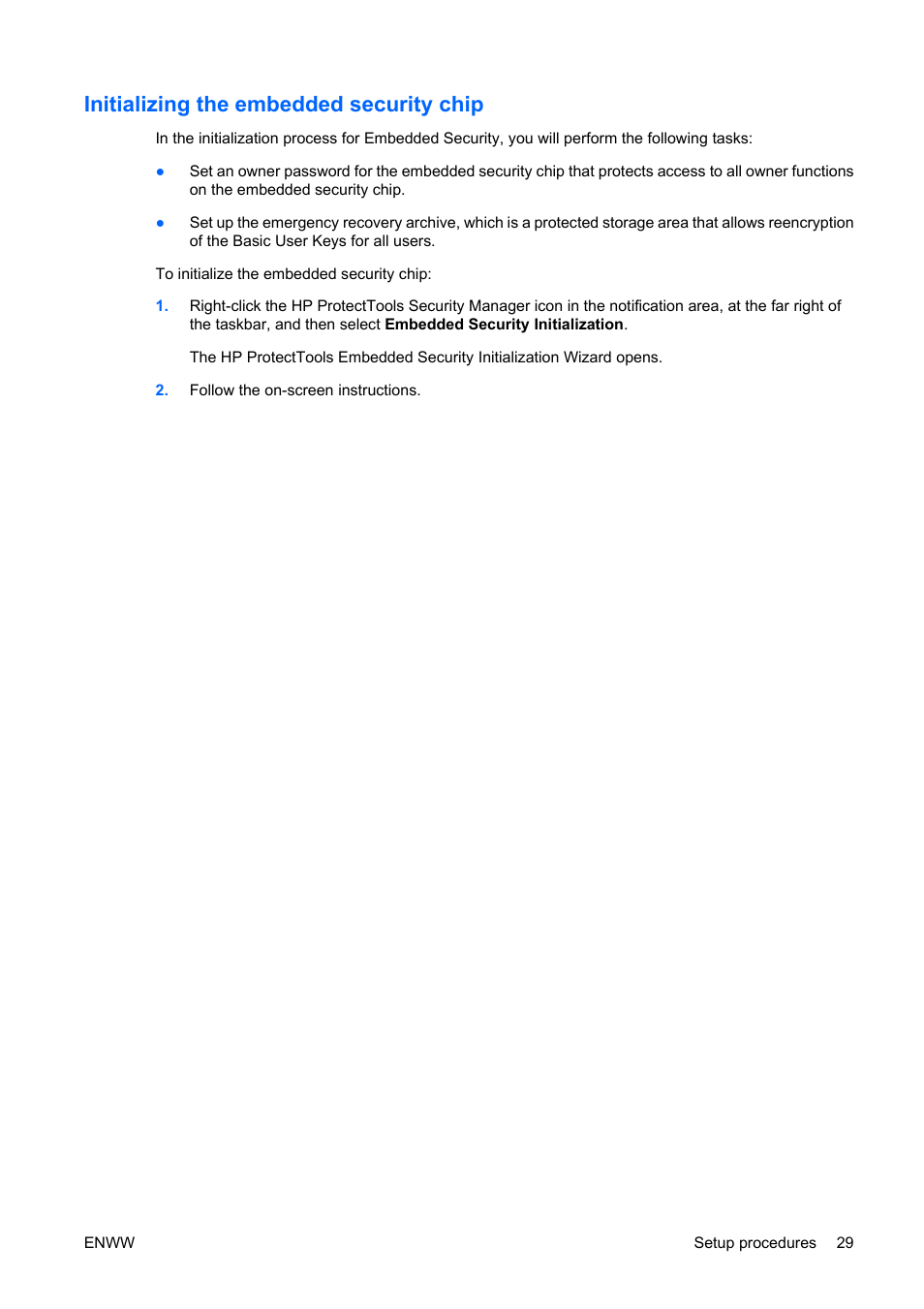 Initializing the embedded security chip | HP Compaq dc5750 Microtower-PC User Manual | Page 35 / 79