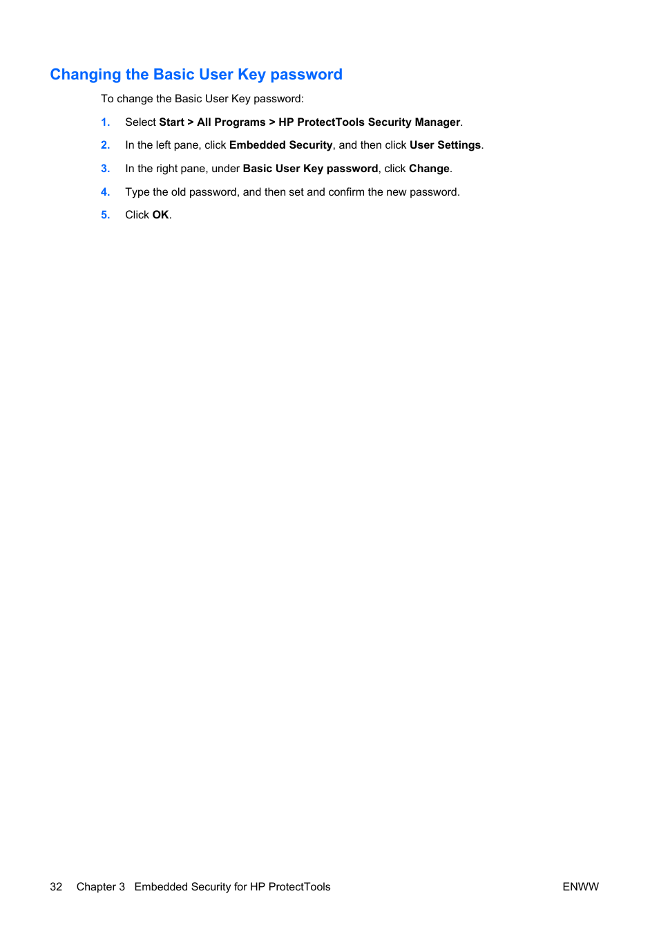 Changing the basic user key password | HP Compaq dc5750 Microtower-PC User Manual | Page 38 / 79