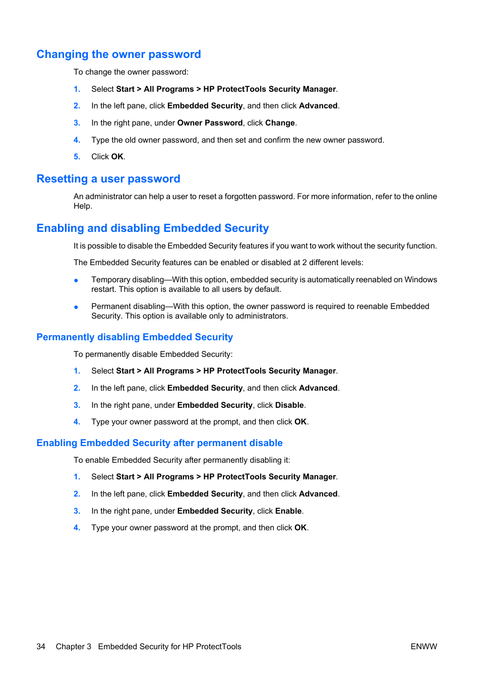 Changing the owner password, Resetting a user password, Enabling and disabling embedded security | Permanently disabling embedded security, Enabling embedded security after permanent disable | HP Compaq dc5750 Microtower-PC User Manual | Page 40 / 79