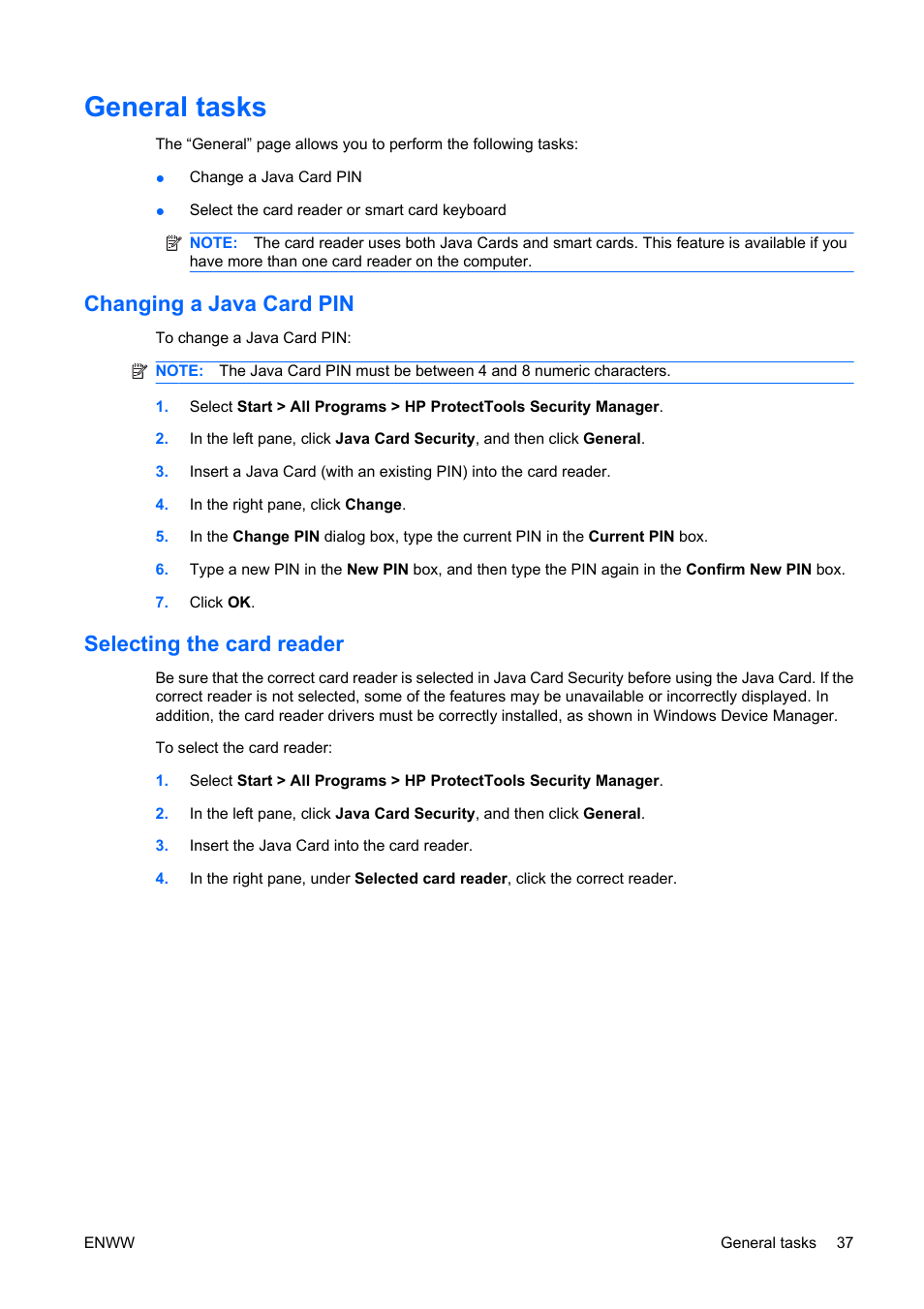 General tasks, Changing a java card pin, Selecting the card reader | Changing a java card pin selecting the card reader | HP Compaq dc5750 Microtower-PC User Manual | Page 43 / 79