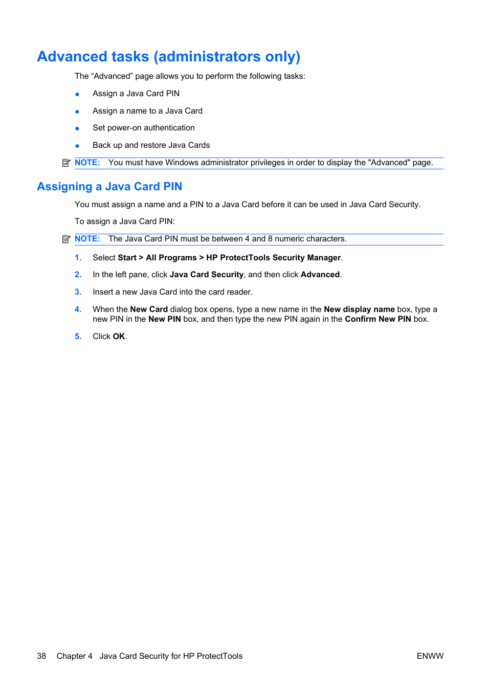 Advanced tasks (administrators only), Assigning a java card pin | HP Compaq dc5750 Microtower-PC User Manual | Page 44 / 79