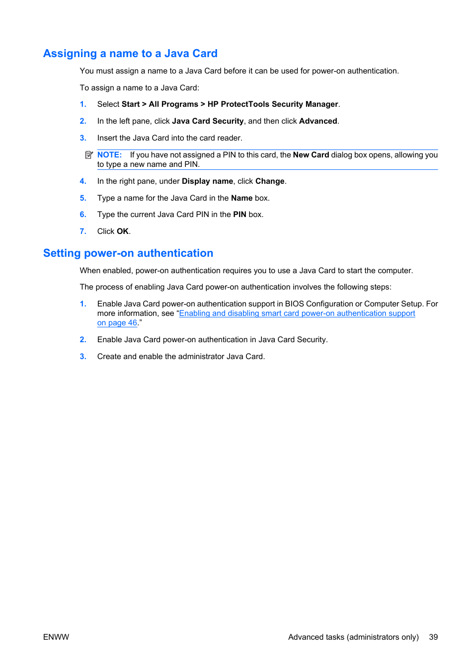 Assigning a name to a java card, Setting power-on authentication | HP Compaq dc5750 Microtower-PC User Manual | Page 45 / 79