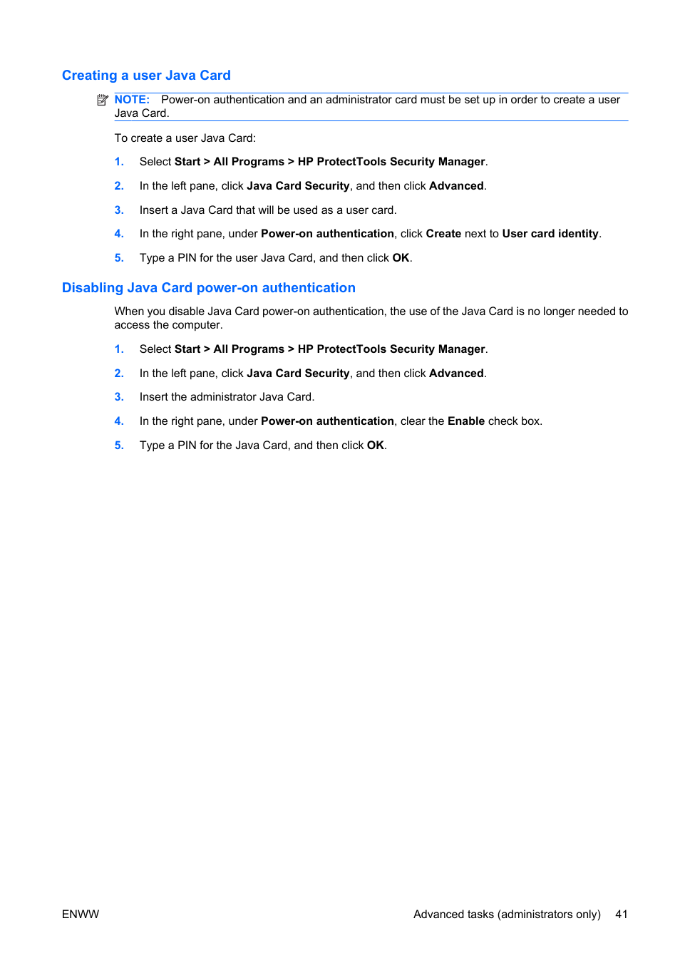 Creating a user java card, Disabling java card power-on authentication | HP Compaq dc5750 Microtower-PC User Manual | Page 47 / 79