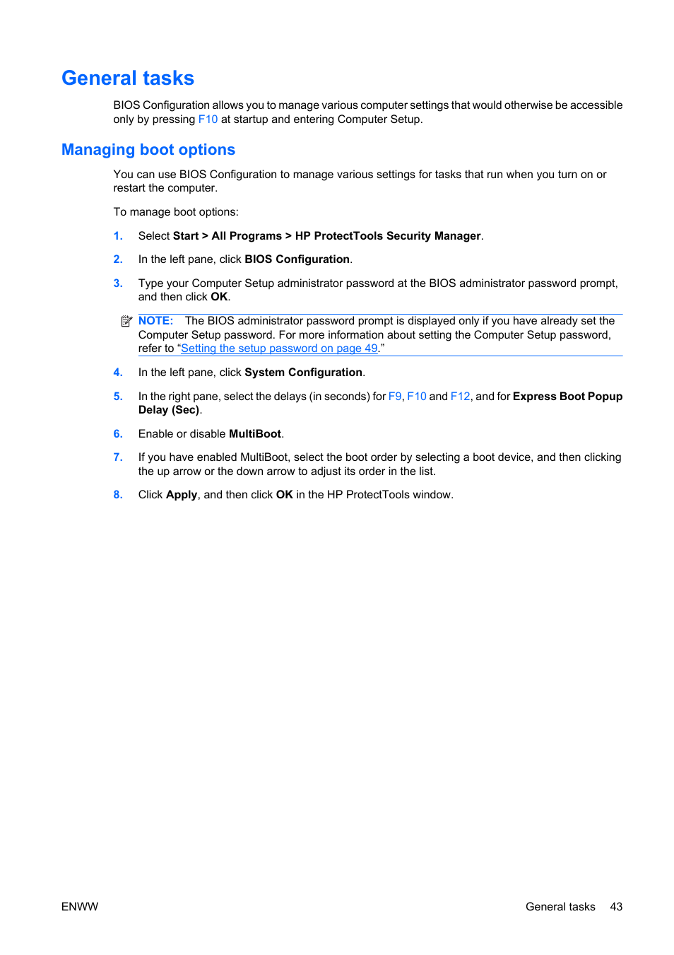 General tasks, Managing boot options | HP Compaq dc5750 Microtower-PC User Manual | Page 49 / 79