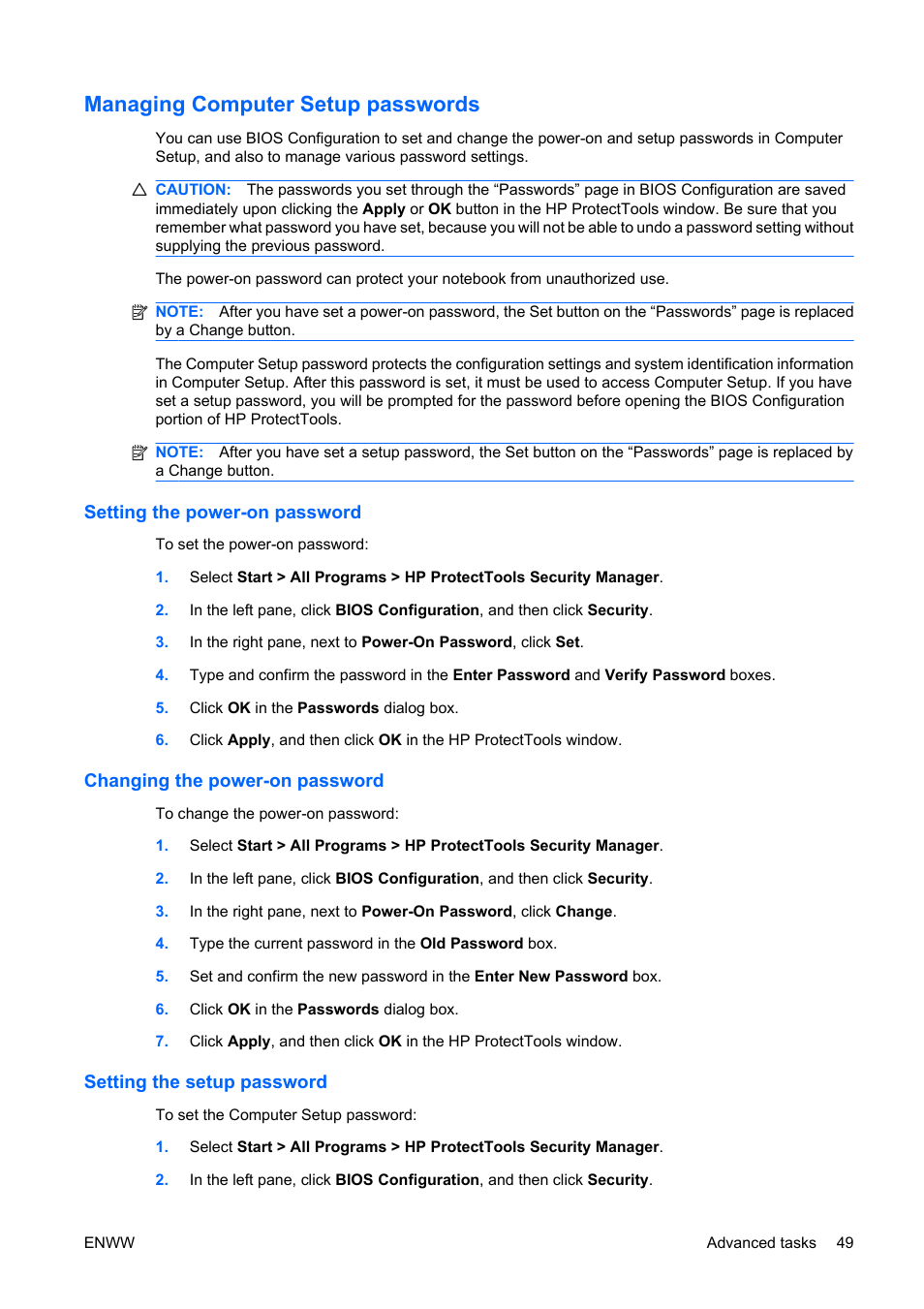 Managing computer setup passwords, Setting the power-on password, Changing the power-on password | Setting the setup password | HP Compaq dc5750 Microtower-PC User Manual | Page 55 / 79
