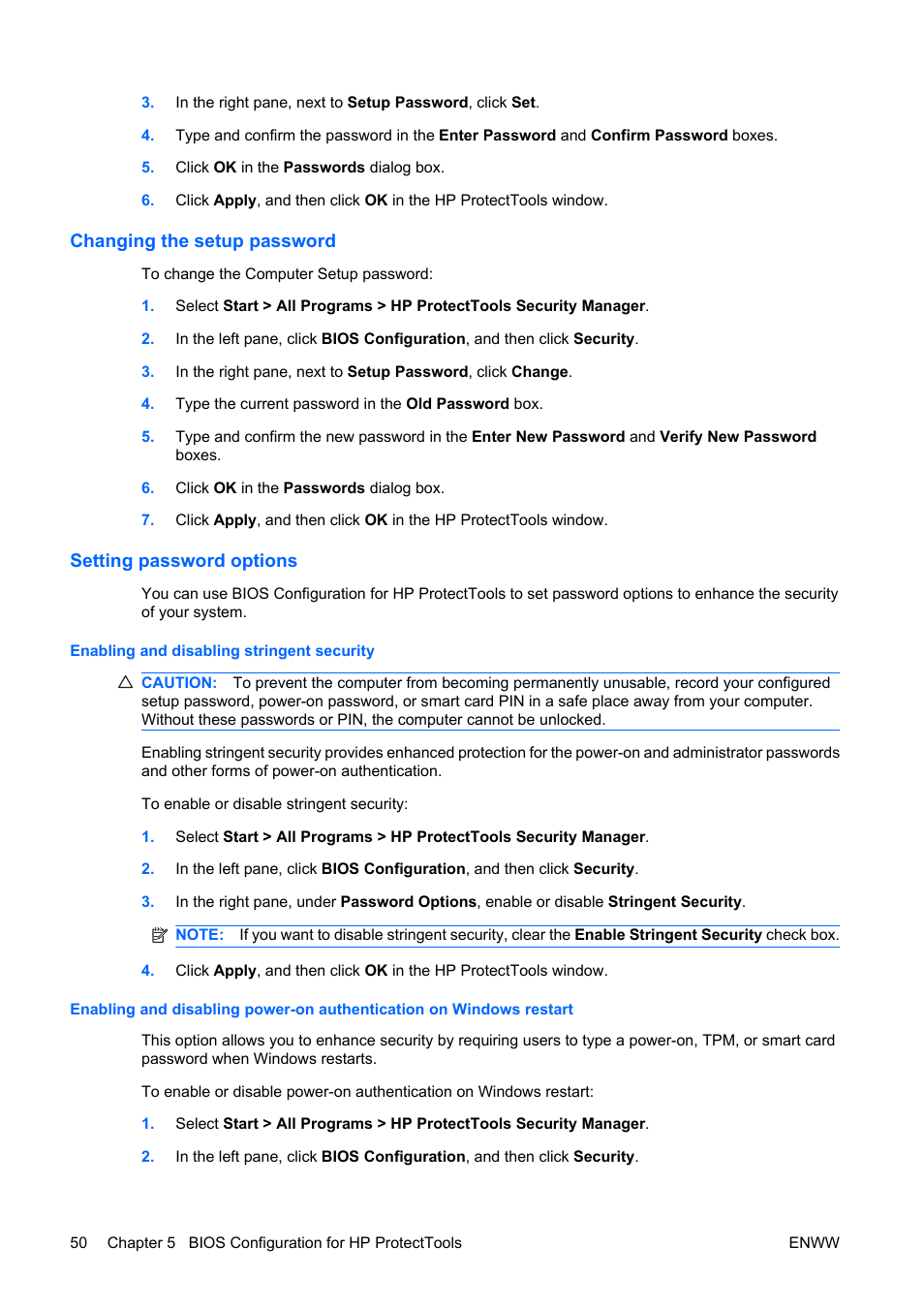 Changing the setup password, Setting password options, Enabling and disabling stringent security | HP Compaq dc5750 Microtower-PC User Manual | Page 56 / 79