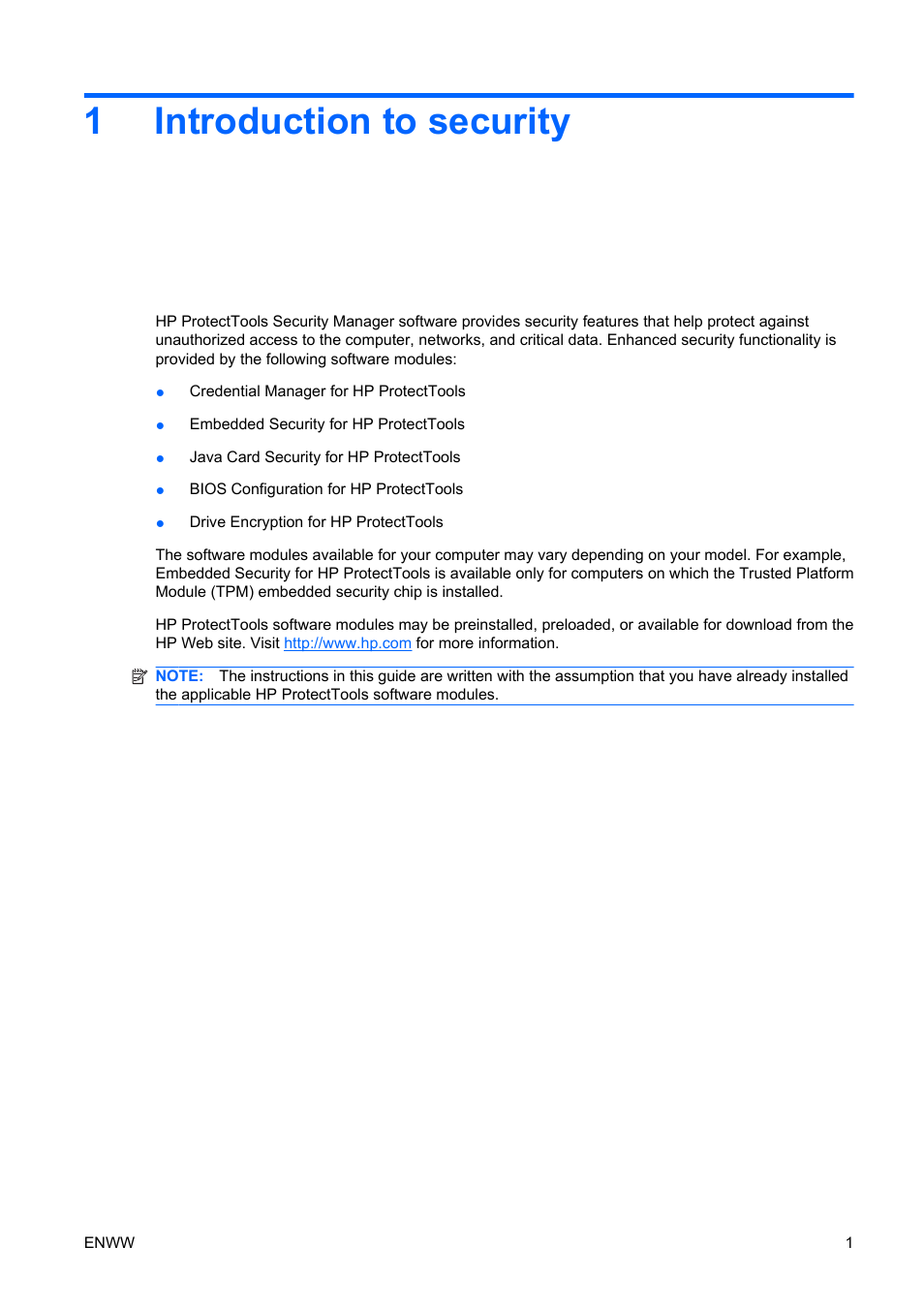 Introduction to security, 1 introduction to security, 1introduction to security | HP Compaq dc5750 Microtower-PC User Manual | Page 7 / 79