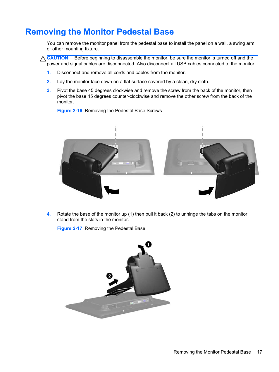 Removing the monitor pedestal base | HP Compaq L2311c 23-inch Notebook Docking Monitor User Manual | Page 23 / 32