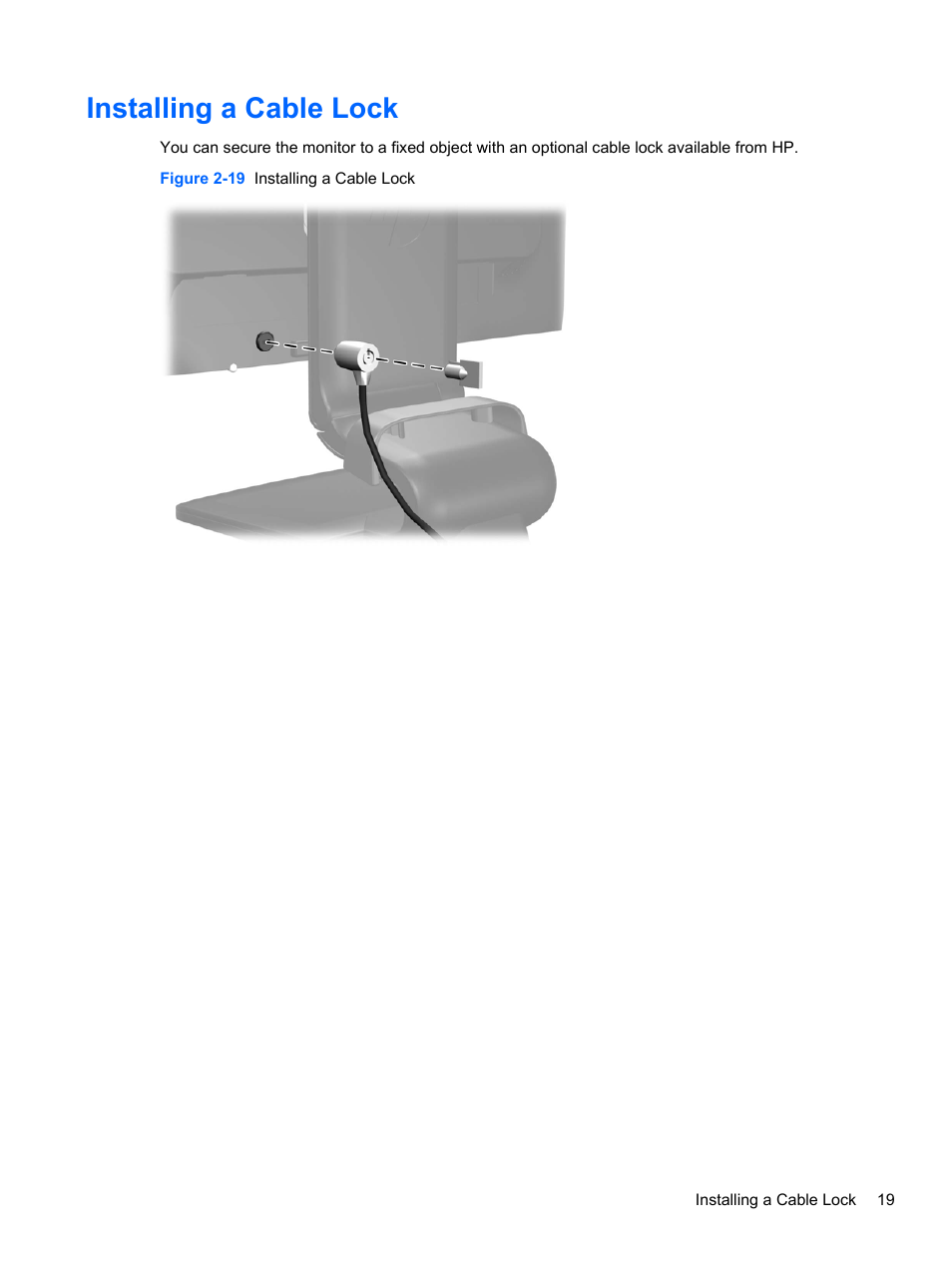 Installing a cable lock | HP Compaq L2311c 23-inch Notebook Docking Monitor User Manual | Page 25 / 32