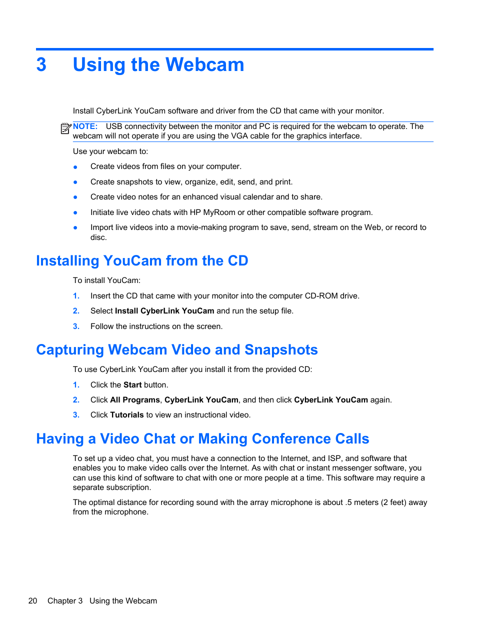 Using the webcam, Installing youcam from the cd, Capturing webcam video and snapshots | Having a video chat or making conference calls, 3 using the webcam, 3using the webcam | HP Compaq L2311c 23-inch Notebook Docking Monitor User Manual | Page 26 / 32