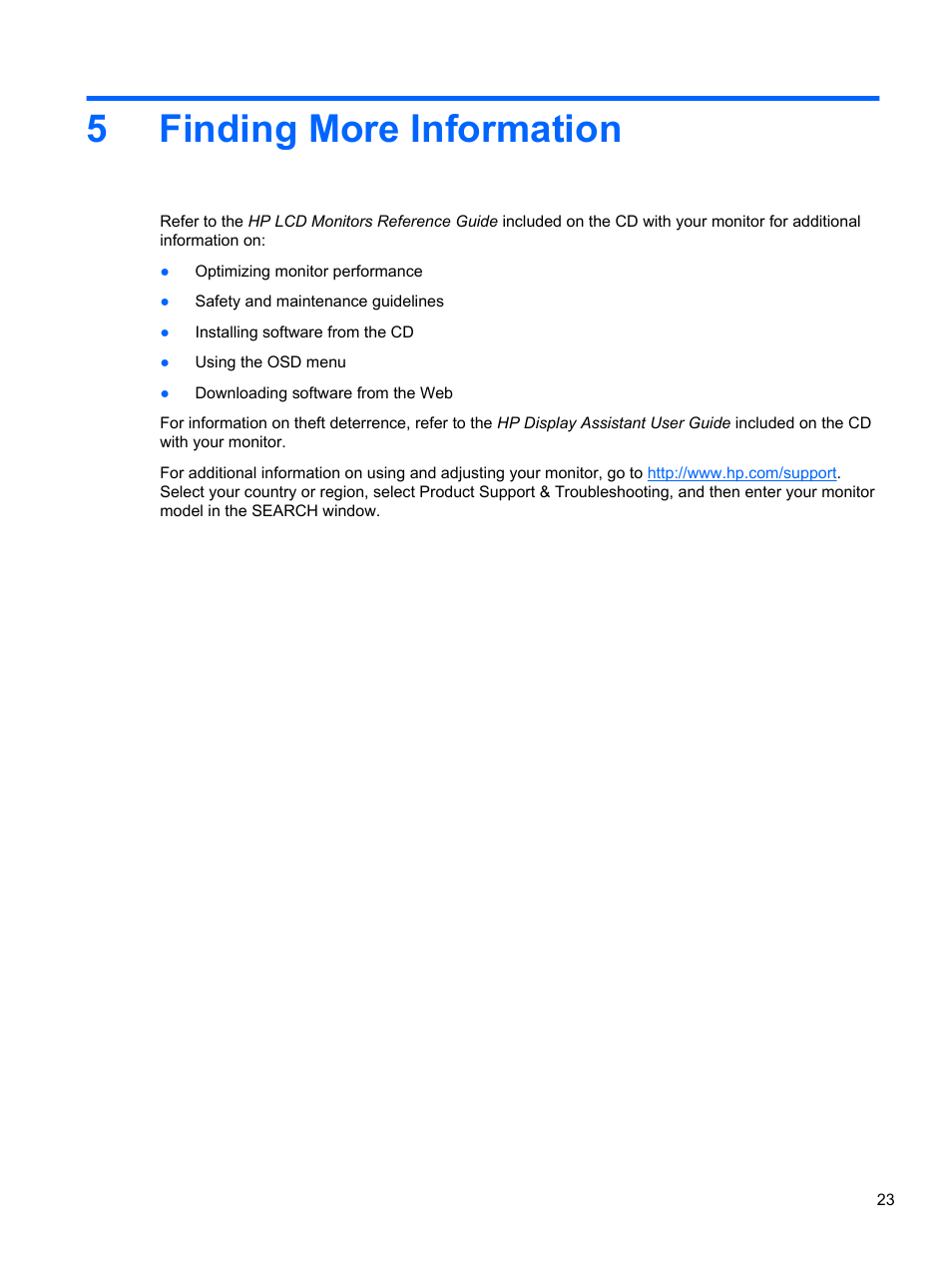 Finding more information, 5 finding more information, 5finding more information | HP Compaq L2311c 23-inch Notebook Docking Monitor User Manual | Page 29 / 32