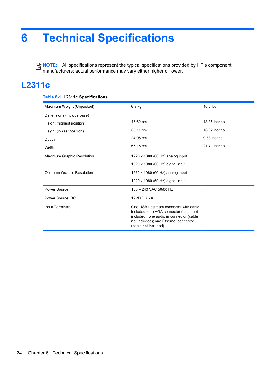 Technical specifications, L2311c, 6 technical specifications | 6technical specifications | HP Compaq L2311c 23-inch Notebook Docking Monitor User Manual | Page 30 / 32