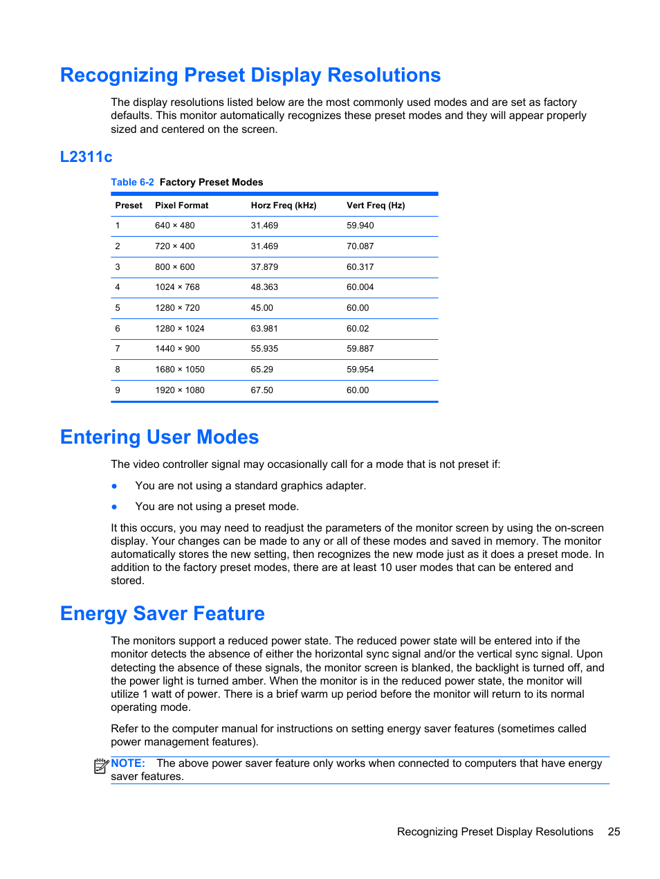 Recognizing preset display resolutions, L2311c, Entering user modes | Energy saver feature | HP Compaq L2311c 23-inch Notebook Docking Monitor User Manual | Page 31 / 32