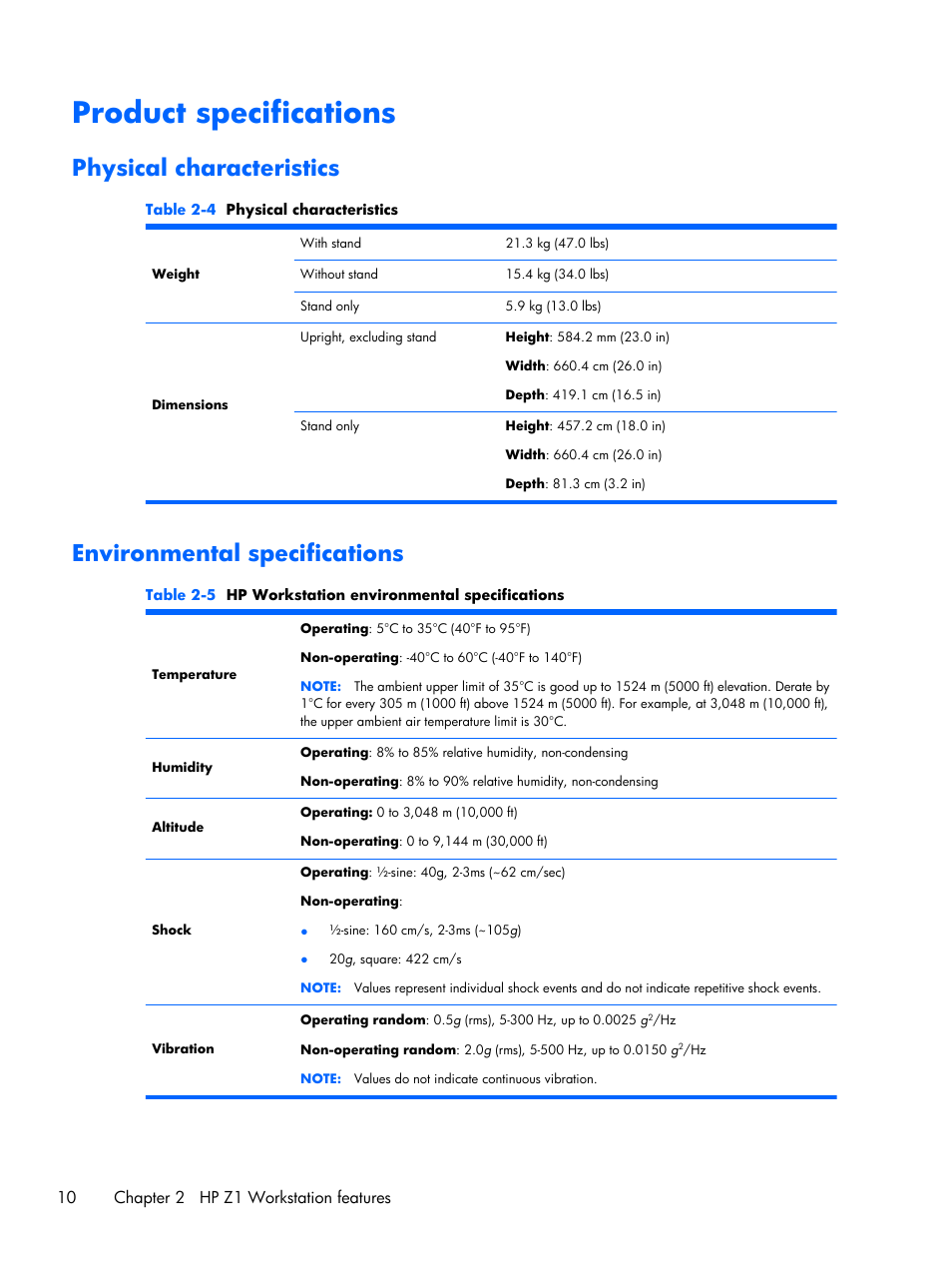 Product specifications, Physical characteristics, Environmental specifications | HP Z1 Workstation User Manual | Page 18 / 61