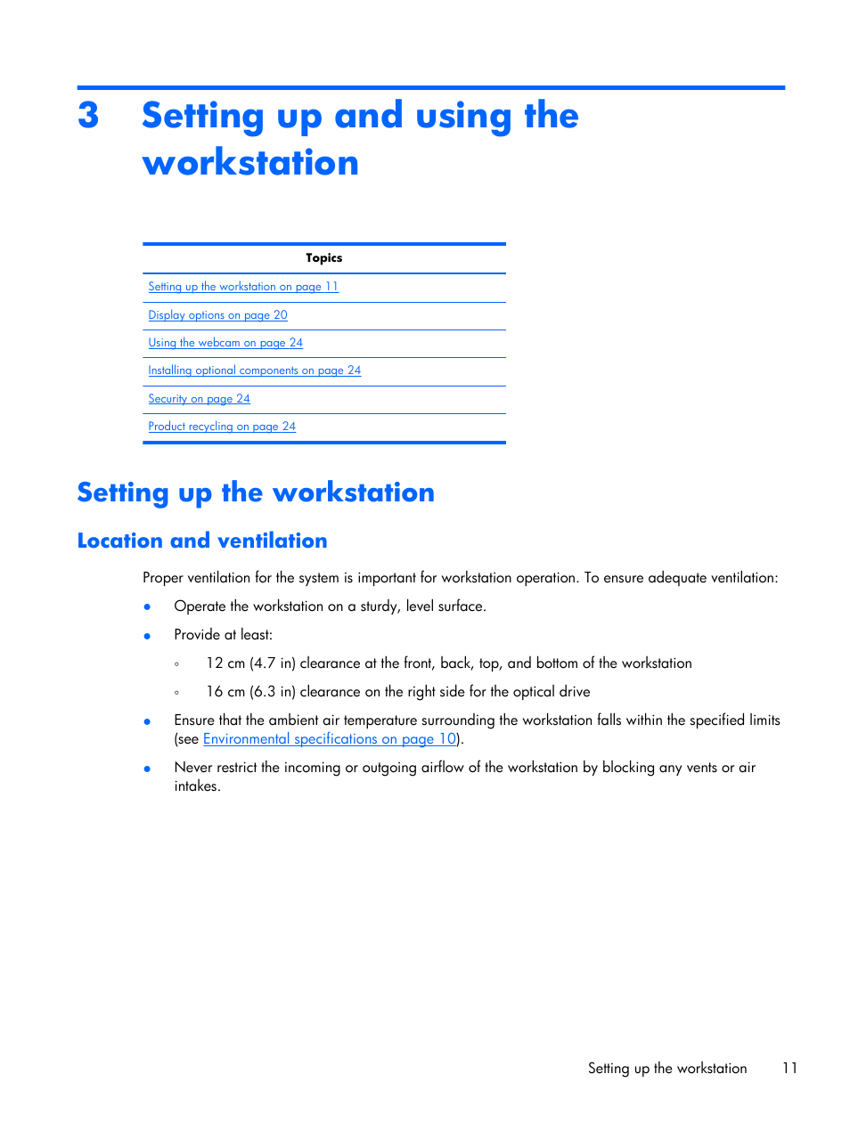 Setting up and using the workstation, Setting up the workstation, Location and ventilation | 3 setting up and using the workstation | HP Z1 Workstation User Manual | Page 19 / 61