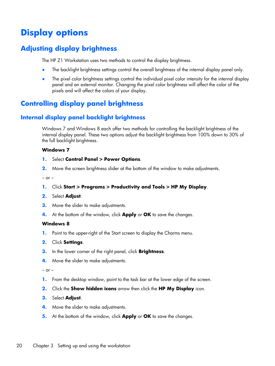 Display options, Adjusting display brightness, Controlling display panel brightness | Internal display panel backlight brightness | HP Z1 Workstation User Manual | Page 28 / 61