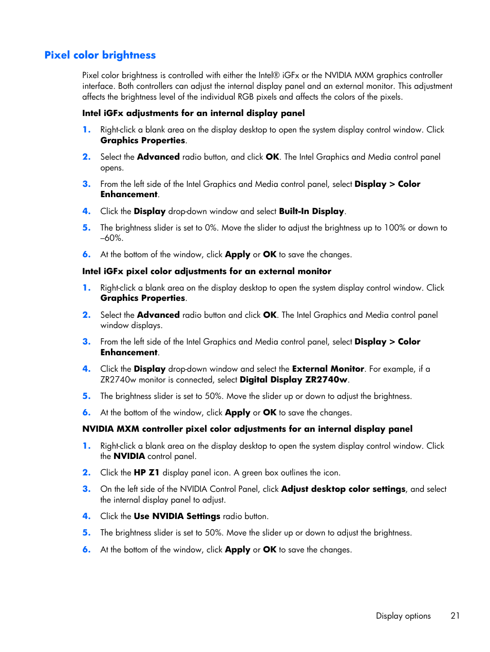 Pixel color brightness | HP Z1 Workstation User Manual | Page 29 / 61
