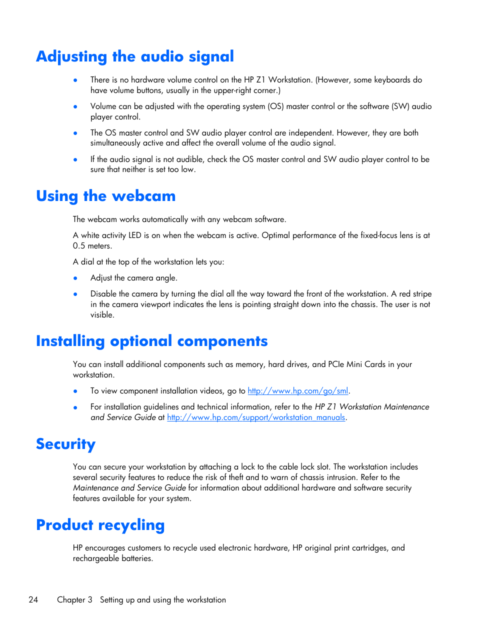 Adjusting the audio signal, Using the webcam, Installing optional components | Security, Product recycling | HP Z1 Workstation User Manual | Page 32 / 61