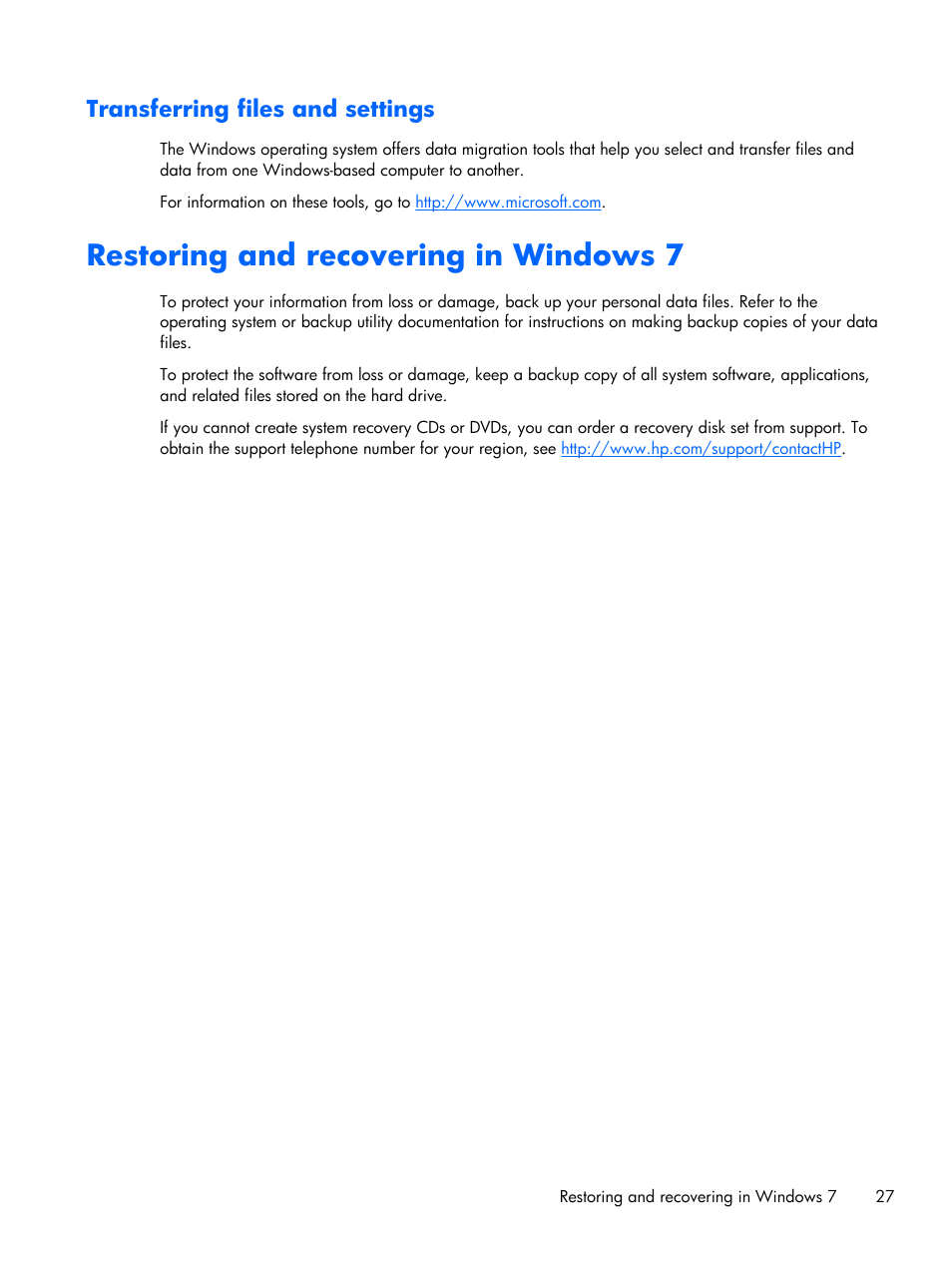 Transferring files and settings, Restoring and recovering in windows 7 | HP Z1 Workstation User Manual | Page 35 / 61