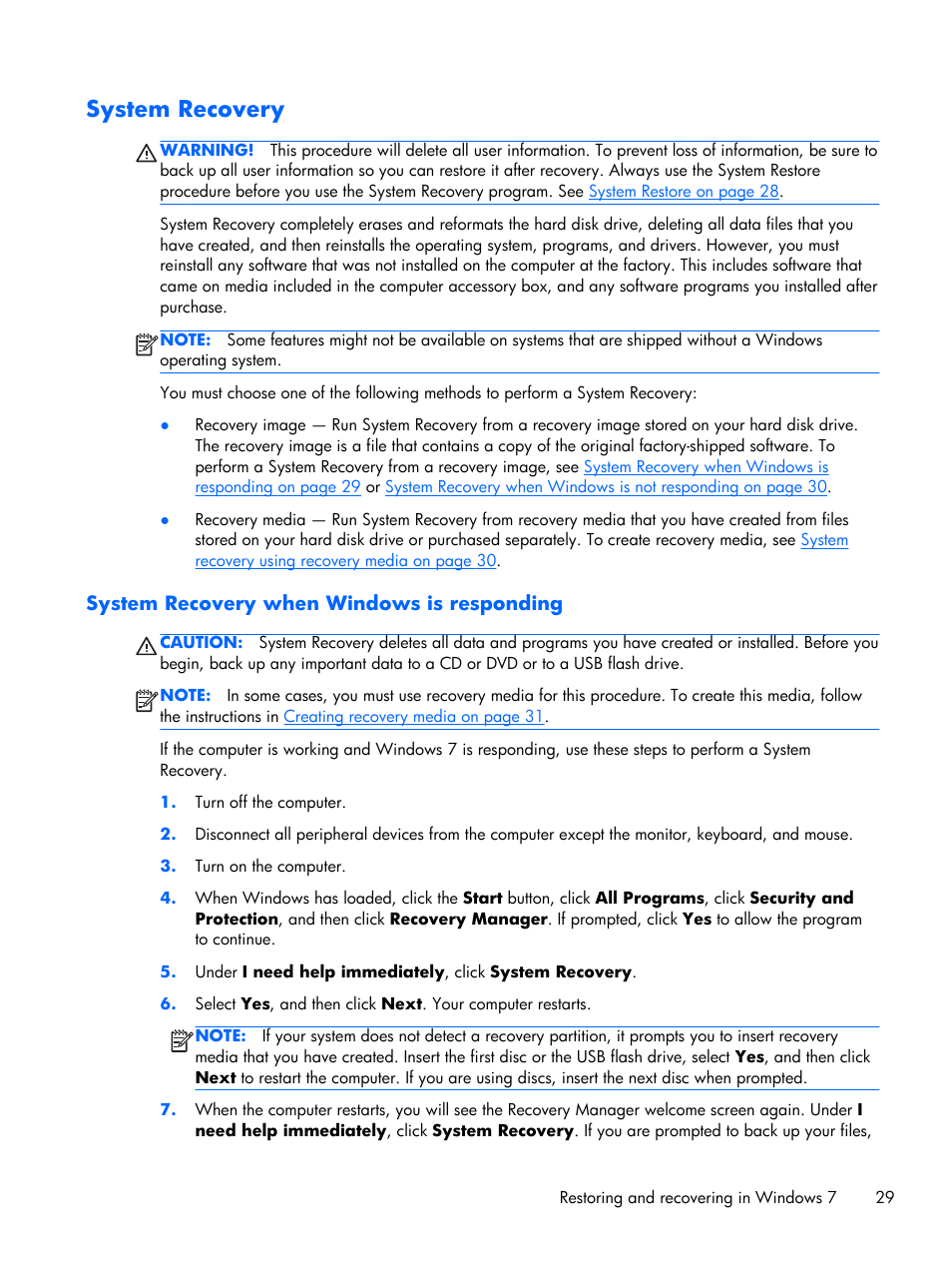 System recovery, System recovery when windows is responding | HP Z1 Workstation User Manual | Page 37 / 61