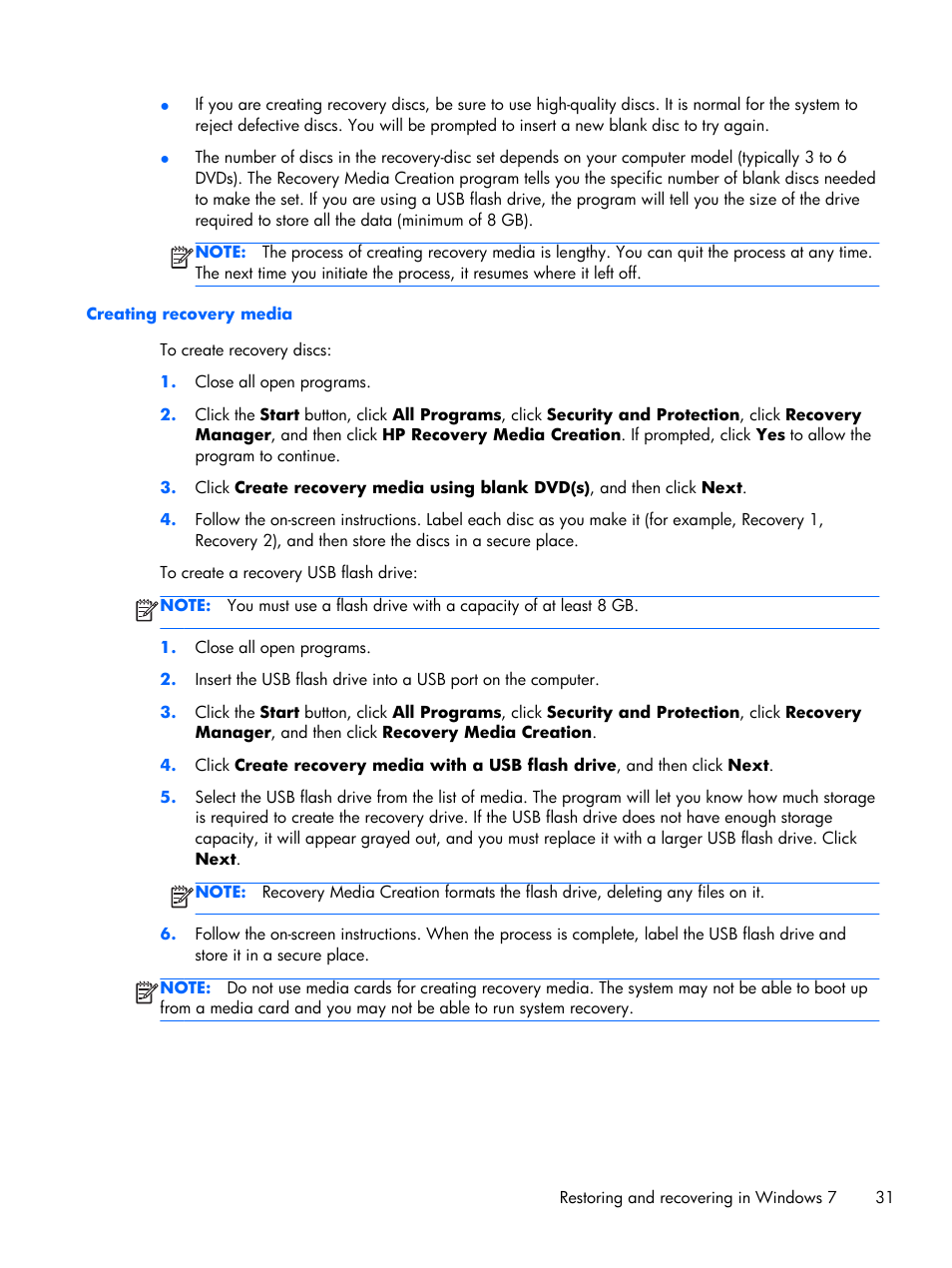 Creating recovery media | HP Z1 Workstation User Manual | Page 39 / 61