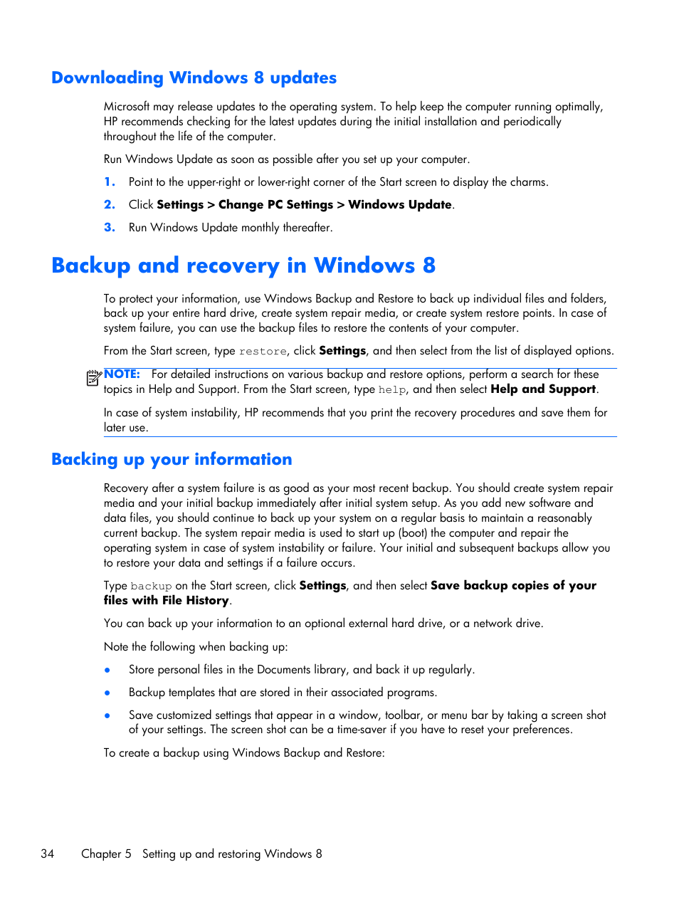 Downloading windows 8 updates, Backup and recovery in windows 8, Backing up your information | HP Z1 Workstation User Manual | Page 42 / 61