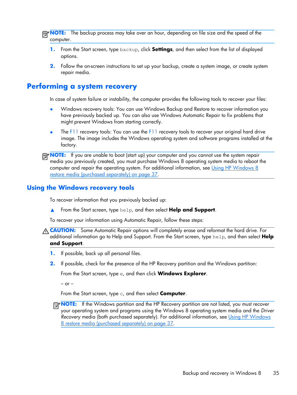 Performing a system recovery, Using the windows recovery tools | HP Z1 Workstation User Manual | Page 43 / 61