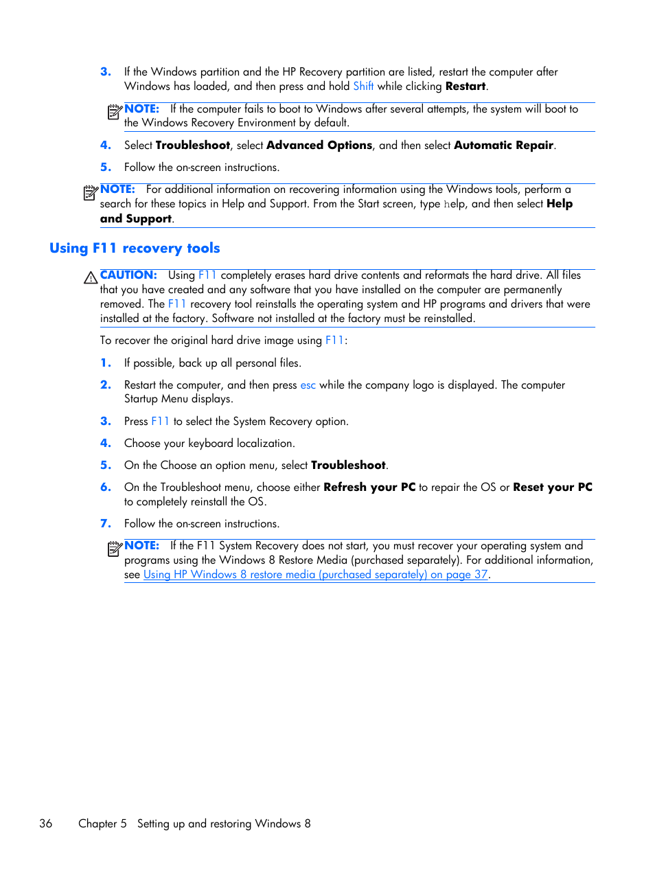 Using f11 recovery tools | HP Z1 Workstation User Manual | Page 44 / 61