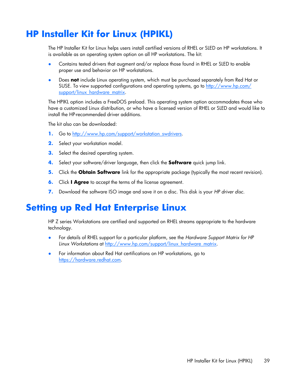 Hp installer kit for linux (hpikl), Setting up red hat enterprise linux | HP Z1 Workstation User Manual | Page 47 / 61