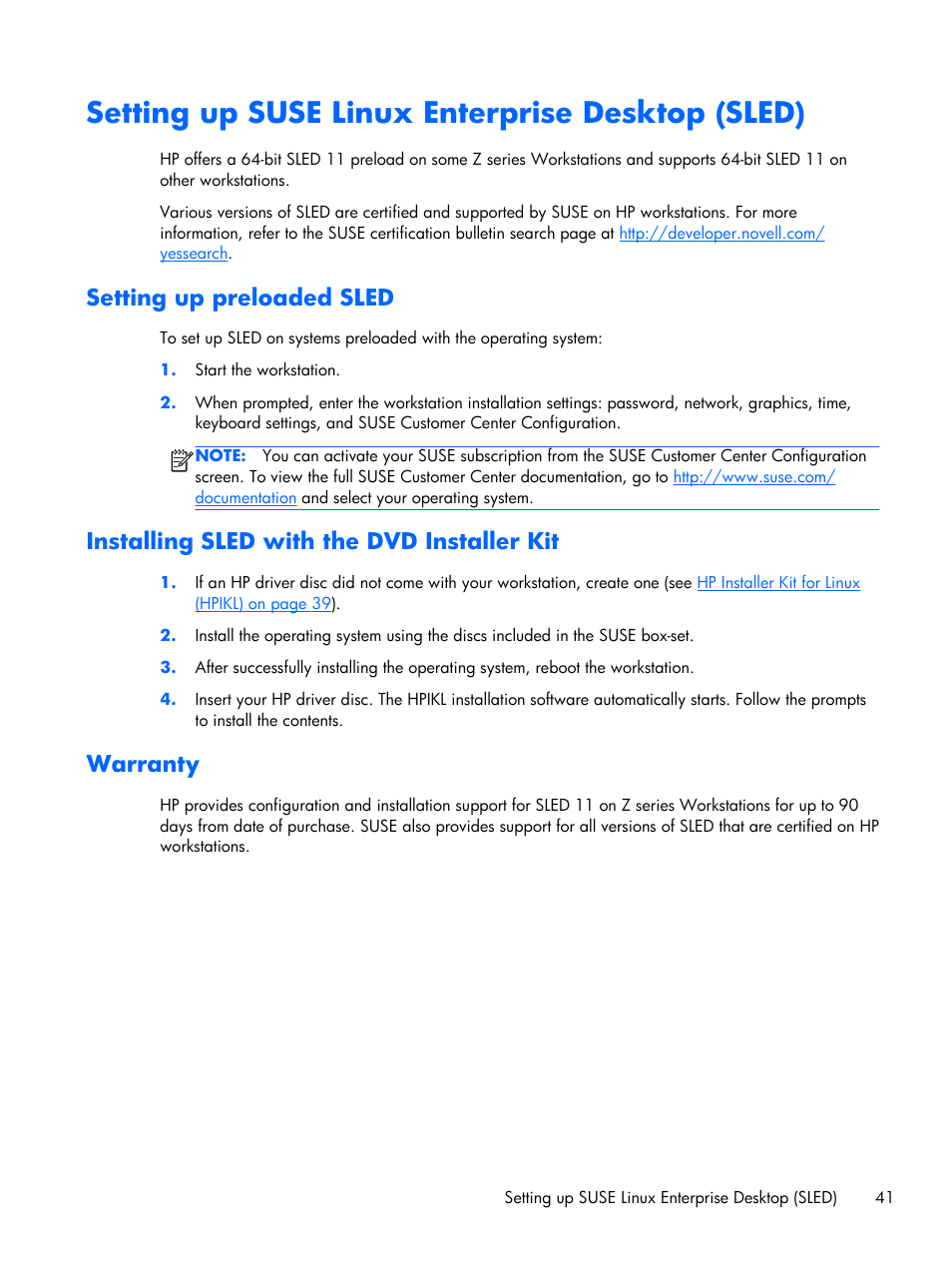 Setting up suse linux enterprise desktop (sled), Setting up preloaded sled, Installing sled with the dvd installer kit | Warranty | HP Z1 Workstation User Manual | Page 49 / 61