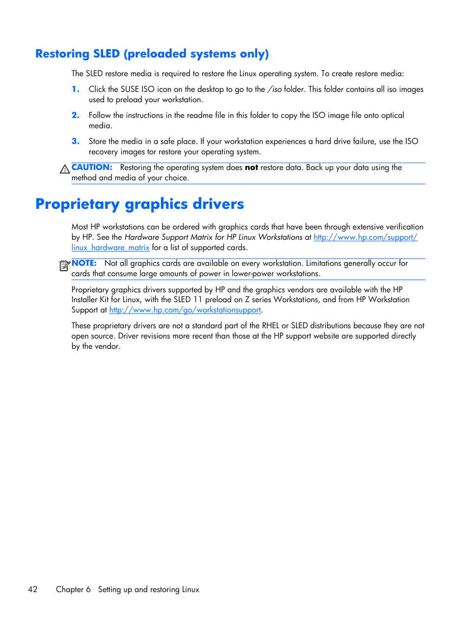 Restoring sled (preloaded systems only), Proprietary graphics drivers | HP Z1 Workstation User Manual | Page 50 / 61