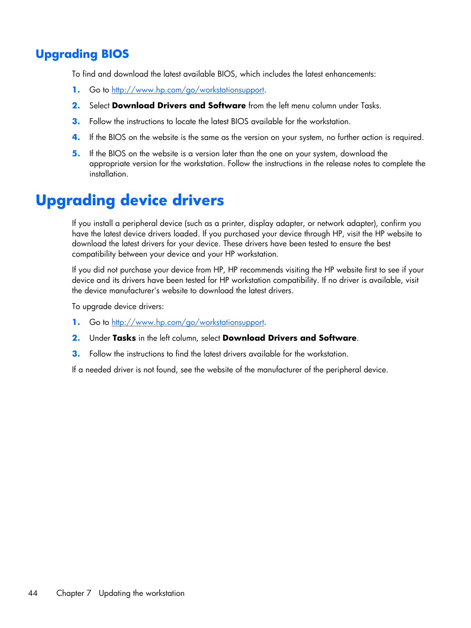 Upgrading bios, Upgrading device drivers | HP Z1 Workstation User Manual | Page 52 / 61
