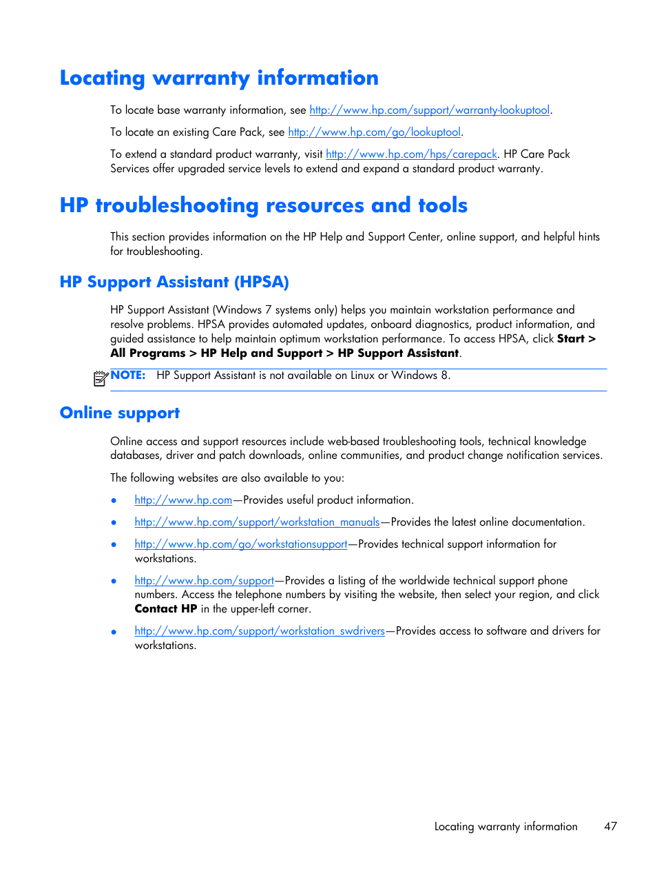 Locating warranty information, Hp troubleshooting resources and tools, Hp support assistant (hpsa) | Online support, Hp support assistant (hpsa) online support | HP Z1 Workstation User Manual | Page 55 / 61