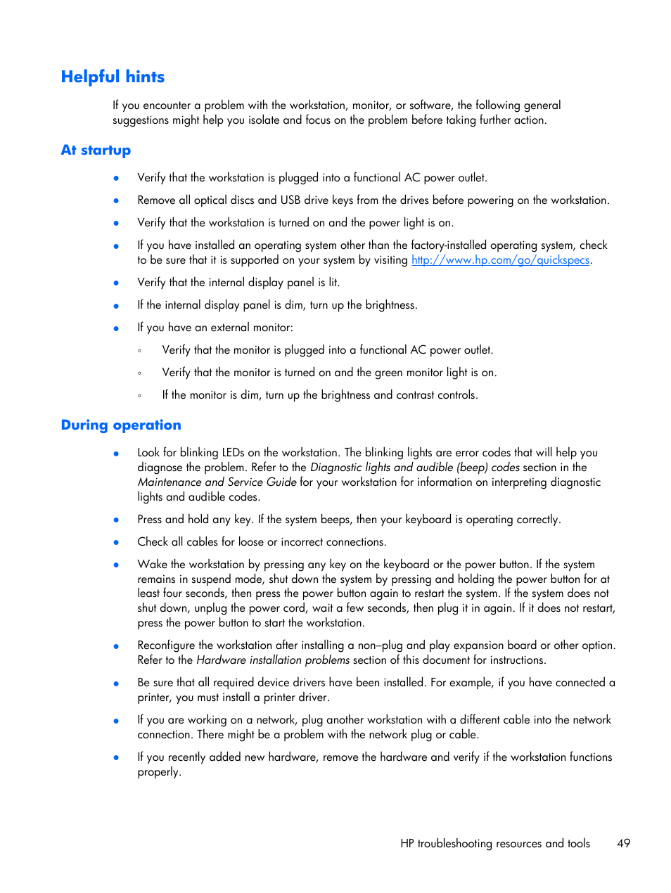 Helpful hints, At startup, During operation | At startup during operation | HP Z1 Workstation User Manual | Page 57 / 61