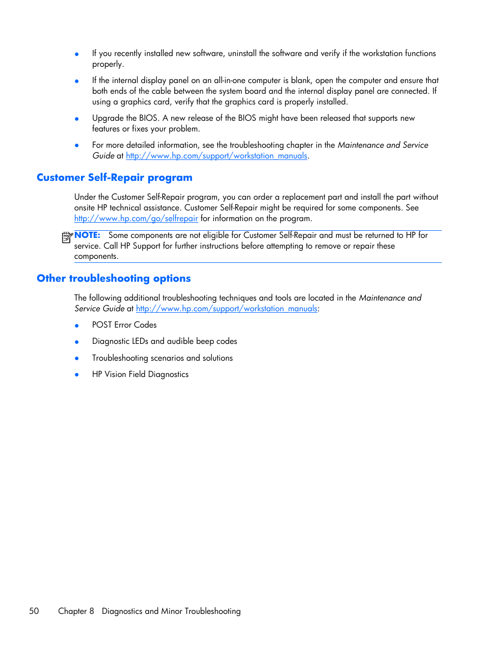 Customer self-repair program, Other troubleshooting options | HP Z1 Workstation User Manual | Page 58 / 61