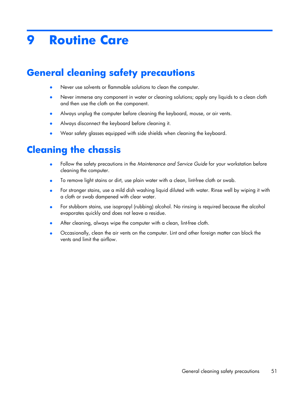 Routine care, General cleaning safety precautions, Cleaning the chassis | 9 routine care | HP Z1 Workstation User Manual | Page 59 / 61