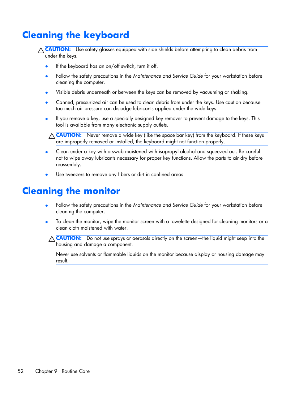 Cleaning the keyboard, Cleaning the monitor, Cleaning the keyboard cleaning the monitor | HP Z1 Workstation User Manual | Page 60 / 61
