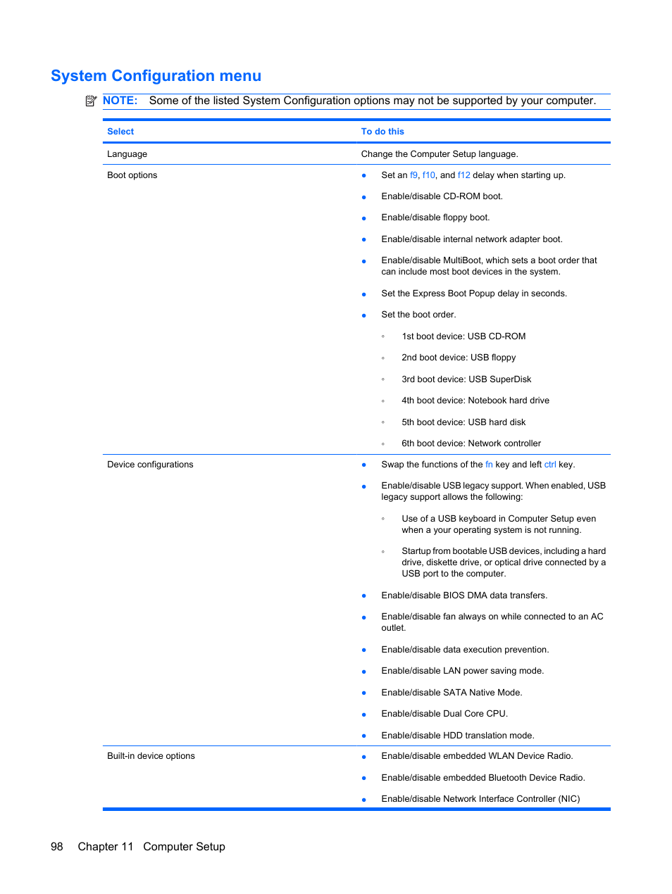 System configuration menu, 98 chapter 11 computer setup | HP Mini 5101 User Manual | Page 108 / 114