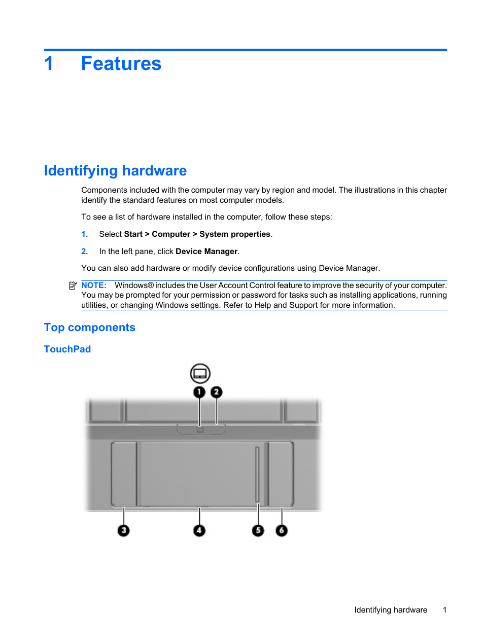 Features, Identifying hardware, Top components | Touchpad, 1 features, 1features | HP Mini 5101 User Manual | Page 11 / 114