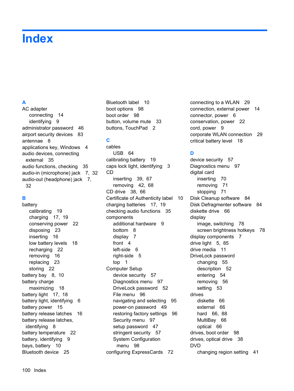Index | HP Mini 5101 User Manual | Page 110 / 114