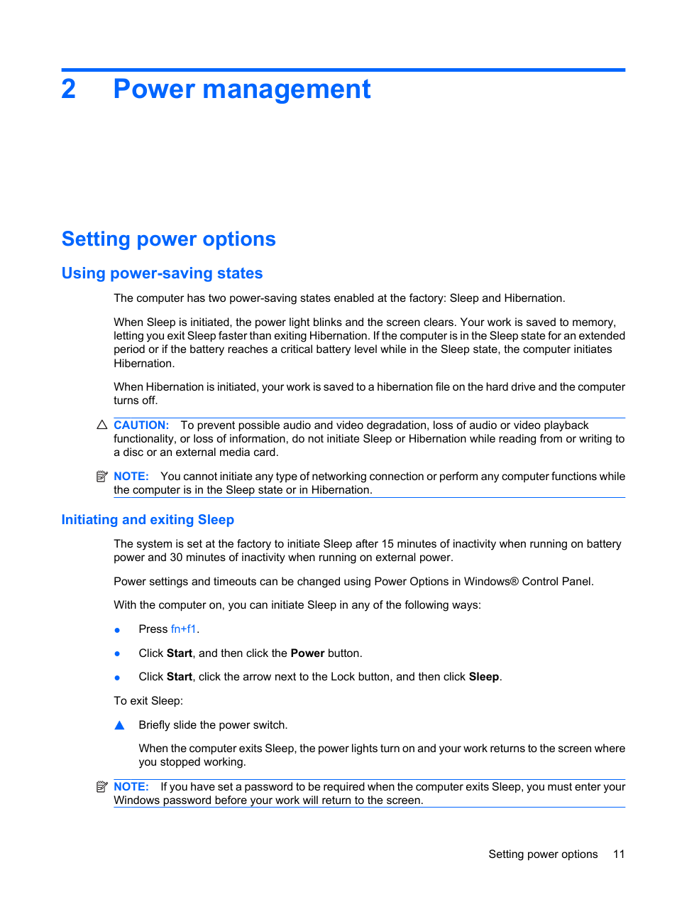 Power management, Setting power options, Using power-saving states | Initiating and exiting sleep, 2 power management, 2power management | HP Mini 5101 User Manual | Page 21 / 114