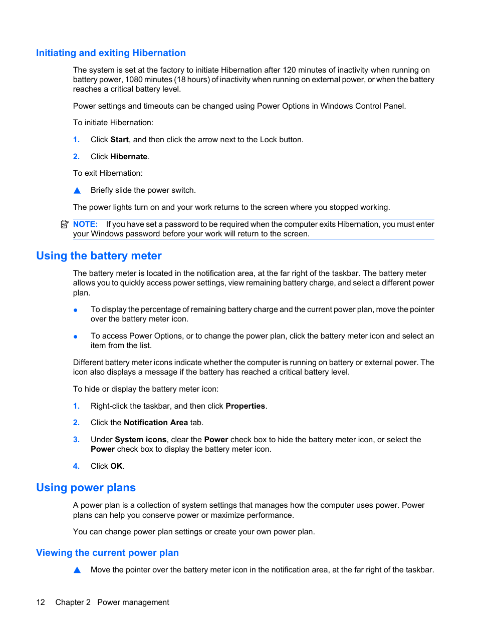 Initiating and exiting hibernation, Using the battery meter, Using power plans | Viewing the current power plan, Using the battery meter using power plans | HP Mini 5101 User Manual | Page 22 / 114