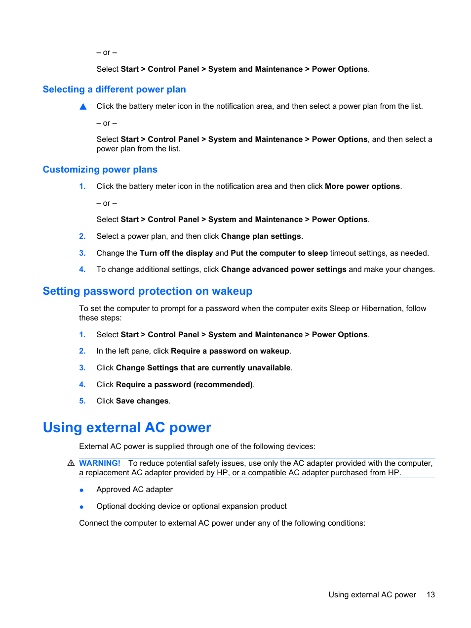 Selecting a different power plan, Customizing power plans, Setting password protection on wakeup | Using external ac power | HP Mini 5101 User Manual | Page 23 / 114