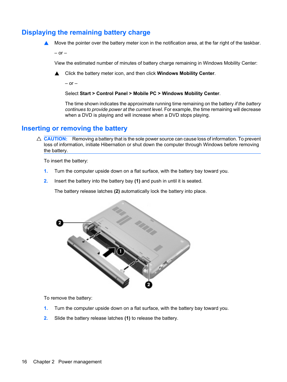 Displaying the remaining battery charge, Inserting or removing the battery | HP Mini 5101 User Manual | Page 26 / 114