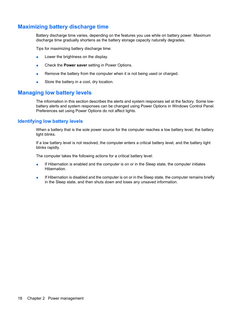 Maximizing battery discharge time, Managing low battery levels, Identifying low battery levels | HP Mini 5101 User Manual | Page 28 / 114